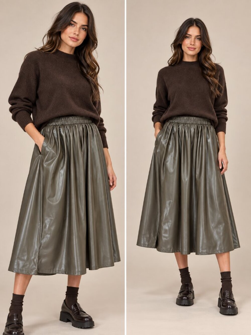 A New Day Faux Leather Midi Skirt Elastic Waist Pockets Olive Brown XS NWT
